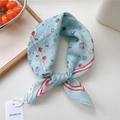 Light blue cotton linen scarf with red cherry print and floral patterns for women - Cherry White Chrysanthemum Blue