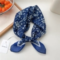 Blue floral cotton linen square scarf with white flower patterns and tied knot detail - White Chrysanthemum Navy Blue