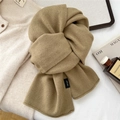 Detailed view of camel 100% wool scarf showing soft knit texture and material tag - Black Label Wide Scarf (MX0288) / 34*167cm / Matcha Green