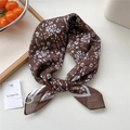 Brown floral cotton linen square scarf with delicate white and lilac flower pattern - White Chrysanthemum Brown