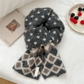 Close-up of soft knit scarf featuring grey star patterns and diamond lattice textures - Bird Grid Pattern / 20*160cm / Gray