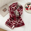 Detail of soft knit scarf with red and grey wavy pattern and small white brand label - Zig-zag Stripe Pattern / 20*160cm / Burgundy