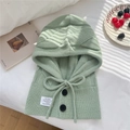 Detail of light green knitted balaclava with ribbed texture and double button closure - One Size / Green