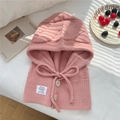Detailed knit texture of pink balaclava hat with buttons and stylish lifestyle props - One Size / Pink
