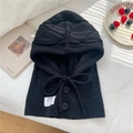 Detailed close-up of a black knit balaclava with decorative buttons and woven logo tag - 30x43cm / Black