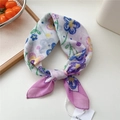Cotton linen floral square scarf with blue and yellow hand-painted flowers on white - Crayon Flowers