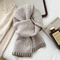 Detail of oatmeal knit wool scarf with dark brown ribbed hem and vintage D-button accent - Beige Coffee