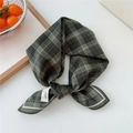 Vintage dark green plaid cotton neck scarf displayed on a rustic wooden tray decoration - Plaid Green
