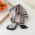 Striped cotton small square scarf in grey and coffee tones with soft breathable texture - Large Plaid Khaki