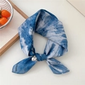 Blue tie-dye cotton small square scarf with white gradient and navy dot patterns - Ink Blue