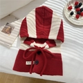 Detail of red and white striped knit balaclava featuring adjustable drawstrings and buttons - Red & White Balaclava (Single)