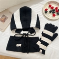 Detail of black and white striped knitted balaclava with matching gloves and drawstring - Black & Beige Set (Hat & Gloves)