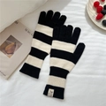 Detailed macro of black and white striped knit gloves with ribbed cuffs and woven label - Black & Beige Gloves (Single)