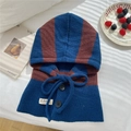 Detail of striped knitted balaclava hood featuring black buttons and thick yarn texture - Blue & Brown Balaclava (Single)
