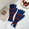 Close-up of striped knit gloves with touchscreen fingers and elastic ribbed cuffs - Blue & Brown Gloves (Single)