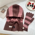 Detail of striped knitted balaclava hood and matching gloves set in brown and pink - Brown & Pink Set (Hat & Gloves)