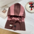 Detail of striped knitted balaclava with drawstring and buttons on soft white background - Brown & Pink Balaclava (Single)