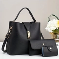 Black lychee leather three-piece handbag set including tote, wallet and pouch - Black