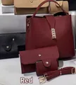 Three-piece women's soft leather handbag set including bucket bag and wallets in wine red - Red