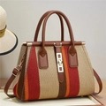 Retro multi-color vertical striped woven tote bag with brown leather handles and lock - Red