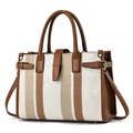 Elegant striped canvas tote bag with brown faux leather trim and top handles in white background - Khaki