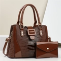 Brown crocodile embossed tote bag and pouch set with shiny patent leather finish - Brown