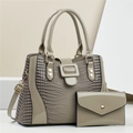 Elegant grey crocodile embossed handbag set with matching envelope wallet and gold hardware - Gray