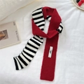 Detail of soft striped knit scarf with red contrast and brand label on white fabric - 4Q Small Striped Red Scarf / 7*160cm