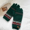 Winter thermal knit gloves in dark green with Nordic snowflake patterns and leather tag - Green