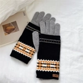 Close-up of knit gloves with geometric patterns and brown leather logo tag - Black and Gray