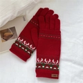 Detailed close-up of red Christmas knit gloves with reindeer and snowflake patterns - Red