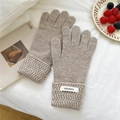 Detailed view of oatmeal knitted wool gloves with 100% wool label on white fabric - Beige Coffee