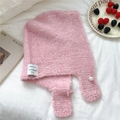 Pink knit hooded scarf with pearl accent and logo patch on white fabric background - Pink