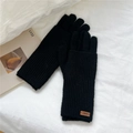 Close-up of black knitted winter gloves featuring long cuffs and a leather logo patch - One Size / Double Layer Dual Use / Black
