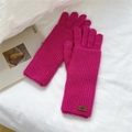 Detailed view of rose pink ribbed knit touchscreen gloves with leather logo patch - One Size / Double Layer Dual Use / Rose Red