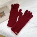 Close-up of wine red knitted gloves with ribbed texture and brown leather label - One Size / Double Layer Dual Use / Red