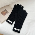 Primer plano de guantes de punto trenzado negros con etiqueta tejida sobre tela blanca - Negro