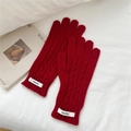 Detalle macro de guantes de invierno rojos de punto de ochos con textura y etiqueta de puño - Rojo