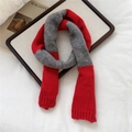 Close-up of red and grey knitted skinny scarf with thick wool texture on a tray - Red & Gray Contrast / 14*120cm