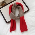 Detail of multi-color thick knit scarf with ribbed edges in red, brown, and gray - Red & Coffee Contrast / 14*120cm