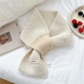 Creamy white knitted scarf with cross-loop design in soft coral fleece texture - Cream