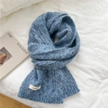 Dark blue knit scarf with colorful flecks and a white brand label on white fabric - 20*150cm / Speckled Blue