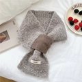 Gray knitted faux shearling cross scarf with dark brown ribbed knit detail and logo patch - Coffee