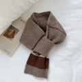 Detail of striped knitted cross scarf in brown and beige with thick woven texture - Dark Coffee