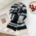 Striped winter knit scarf in black and grey tones with a premium soft fluffy texture - Black Grey Beige Striped