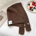 Dark brown knit balaclava hat with white pearl button and cozy fuzzy texture - Brown