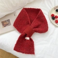 Solid red knit loop scarf featuring fluffy boucle yarn and a cross-pull design - Red