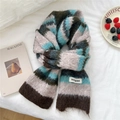 Colorful striped knit scarf in blue and brown with soft mohair texture and logo tag - Blue Oatmeal Green Brown Stripe