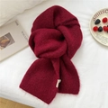 Thick burgundy knitted mohair scarf with a woven label on white fabric background - 23*167cm / Burgundy