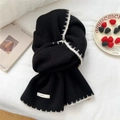 Thick black knitted scarf with white contrast zigzag stitching for winter warmth - 30x165cm / Black